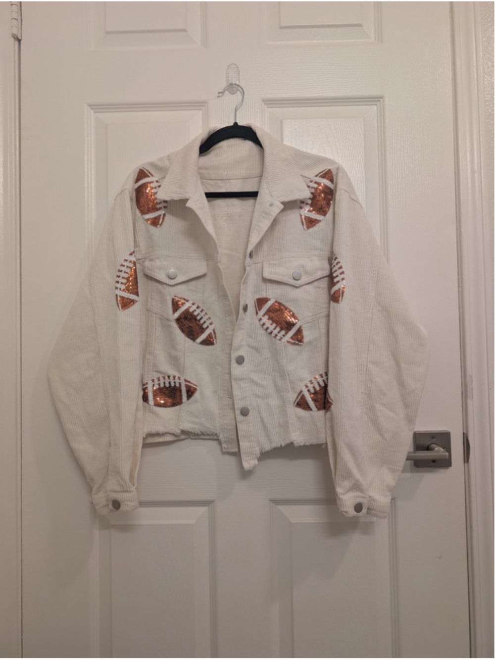 Sequined Football Corduroy Jacket Cream Raw Hem Game Day Tailgate Oversized L